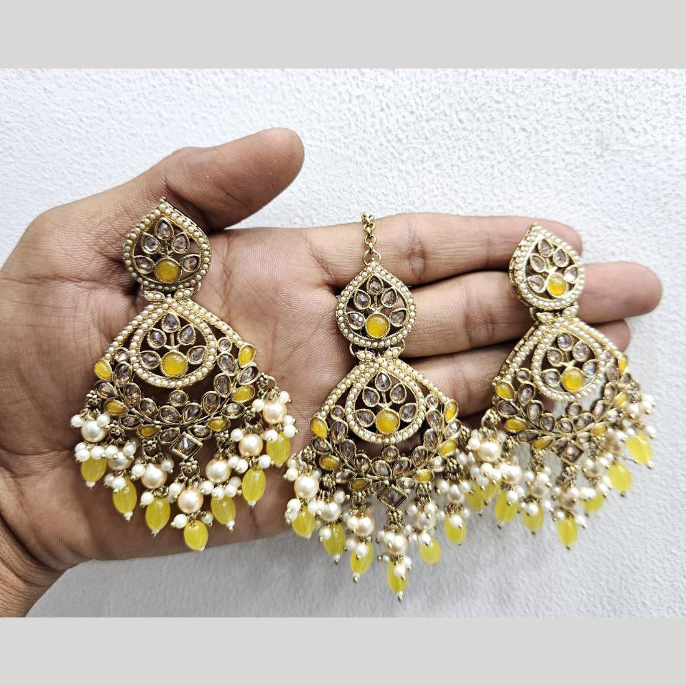 Rajwadi Collection Gold Pated Crystal Stone And Beads Dangler Earrings With Maangtikka