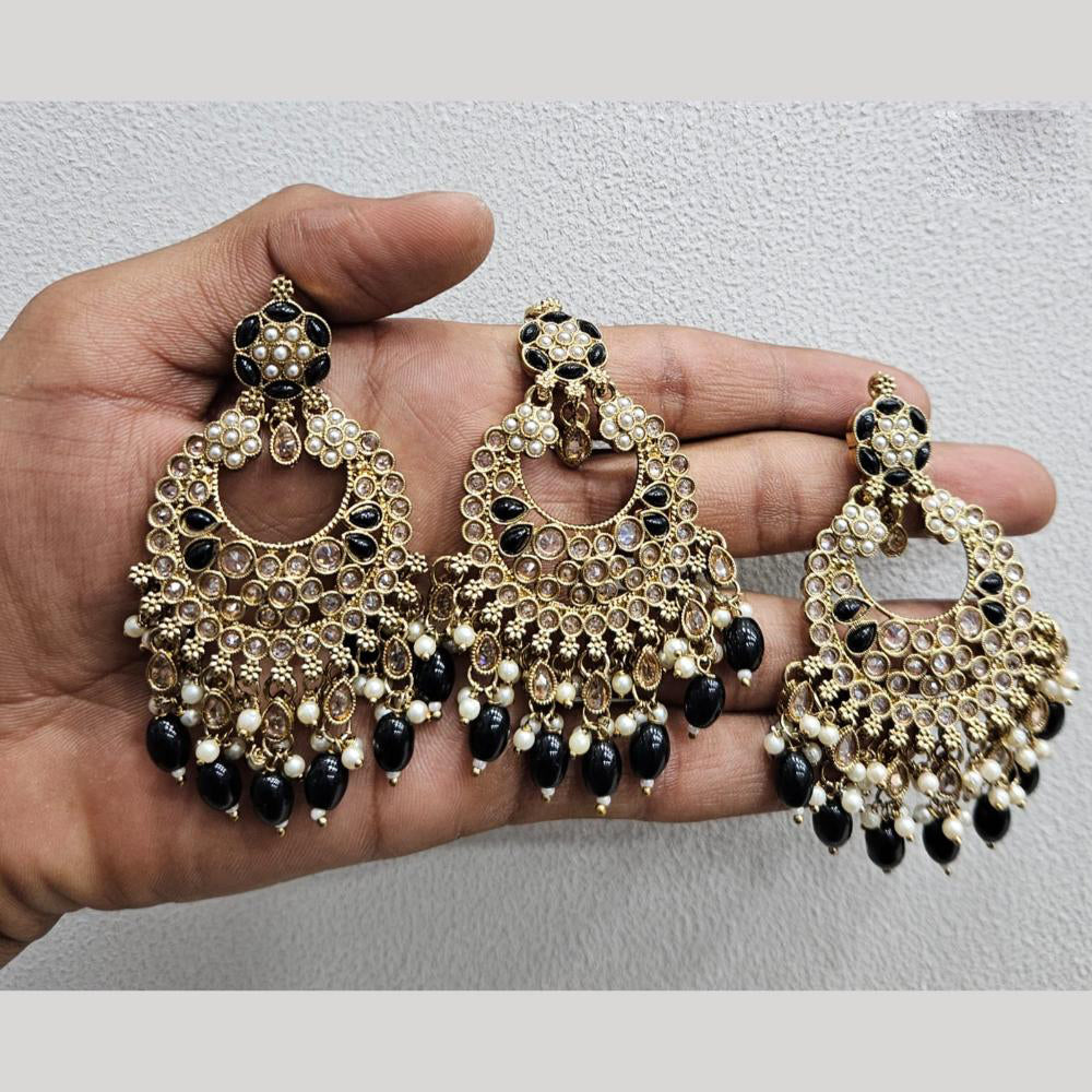 Rajwadi Collection Gold Pated Crystal Stone And Beads Dangler Earrings With Maangtikka