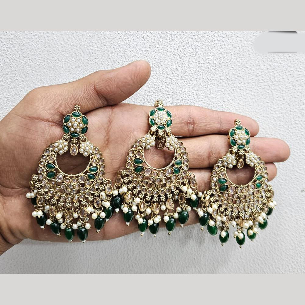 Rajwadi Collection Gold Pated Crystal Stone And Beads Dangler Earrings With Maangtikka
