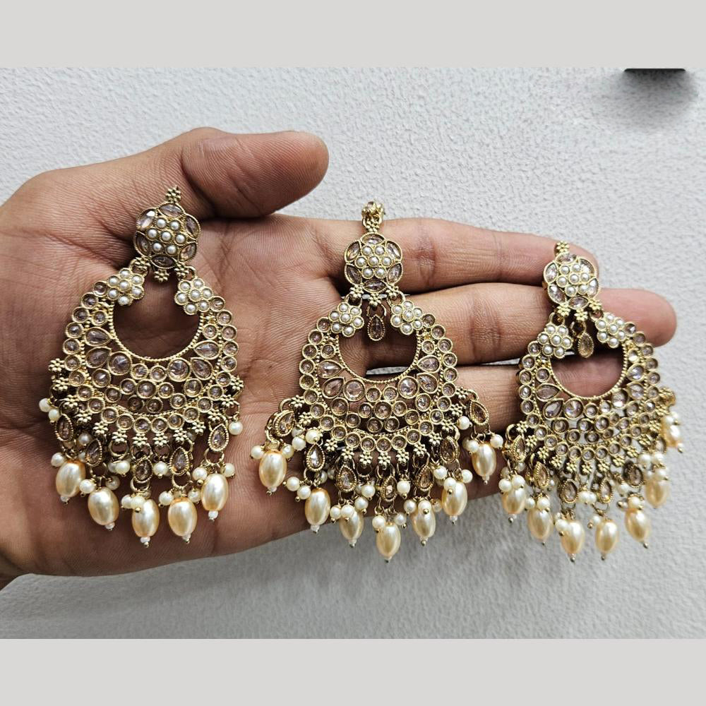 Rajwadi Collection Gold Pated Crystal Stone And Beads Dangler Earrings With Maangtikka