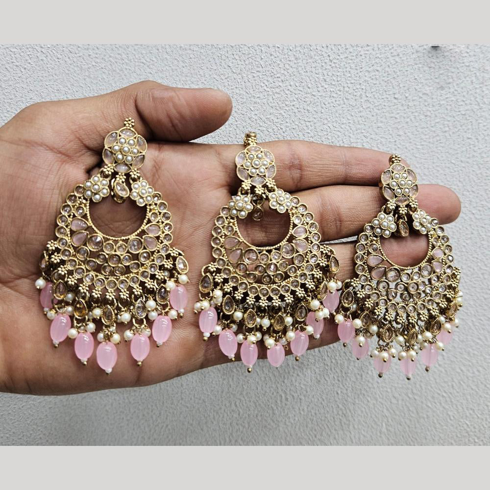Rajwadi Collection Gold Pated Crystal Stone And Beads Dangler Earrings With Maangtikka