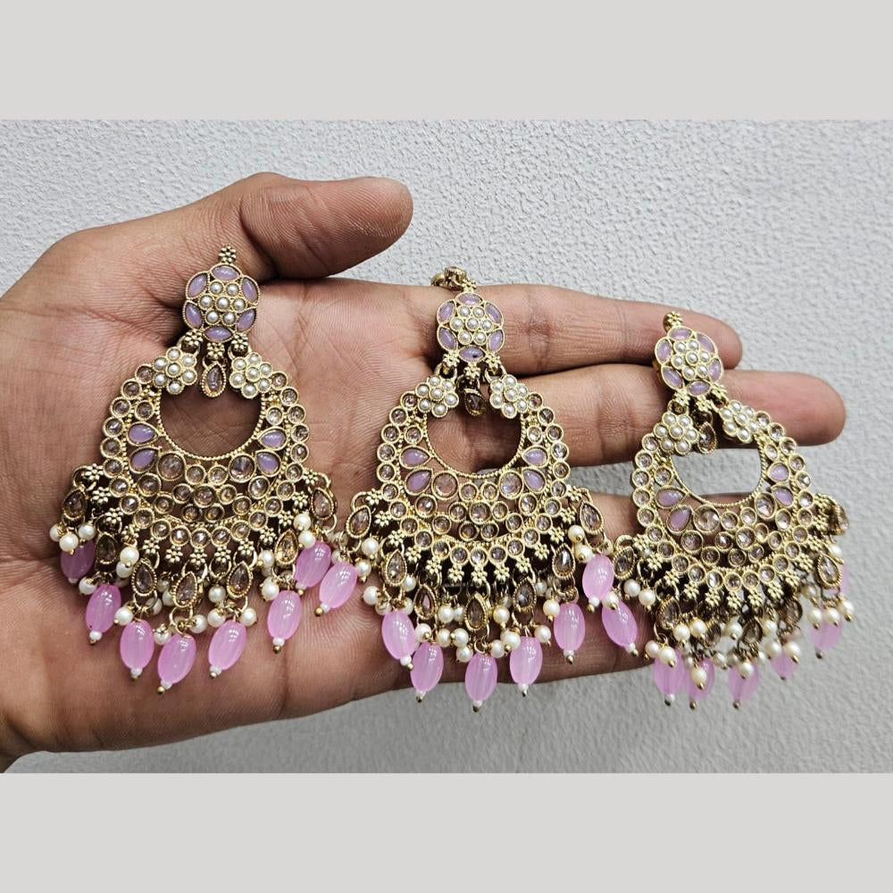 Rajwadi Collection Gold Pated Crystal Stone And Beads Dangler Earrings With Maangtikka