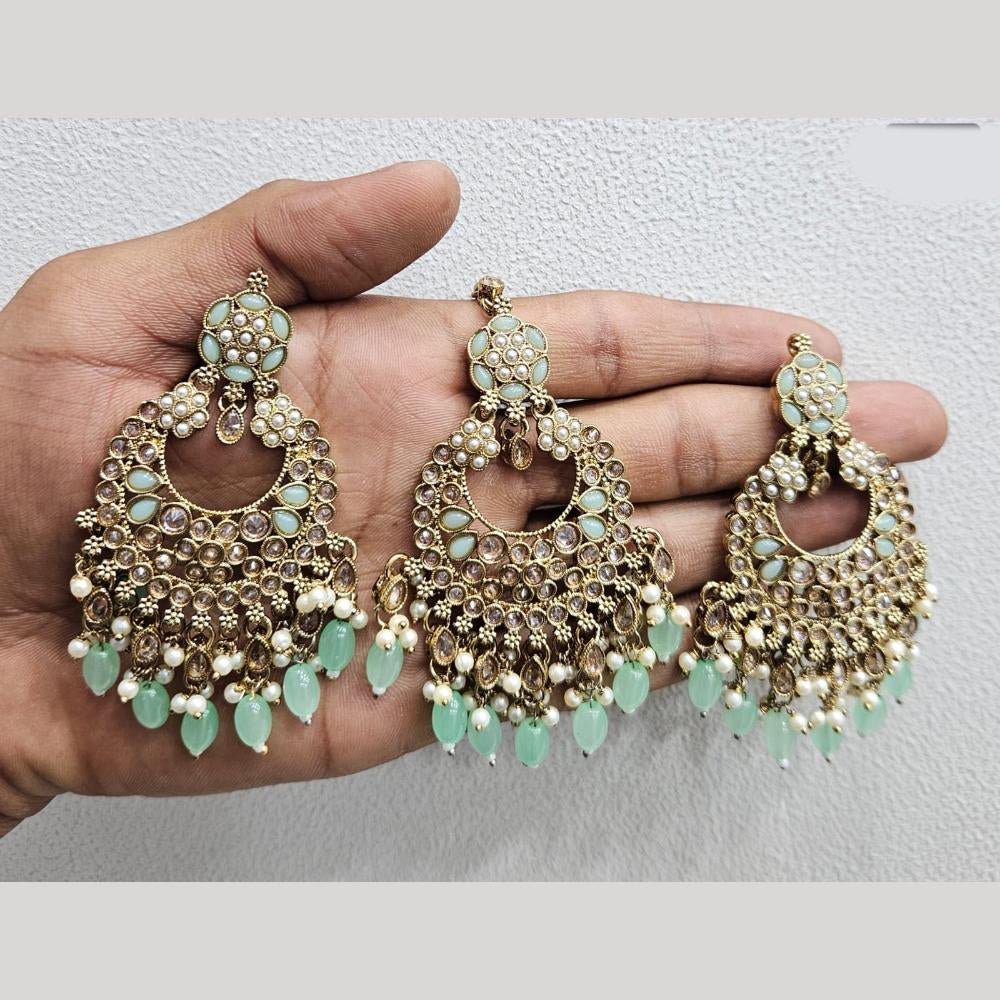 Rajwadi Collection Gold Pated Crystal Stone And Beads Dangler Earrings With Maangtikka