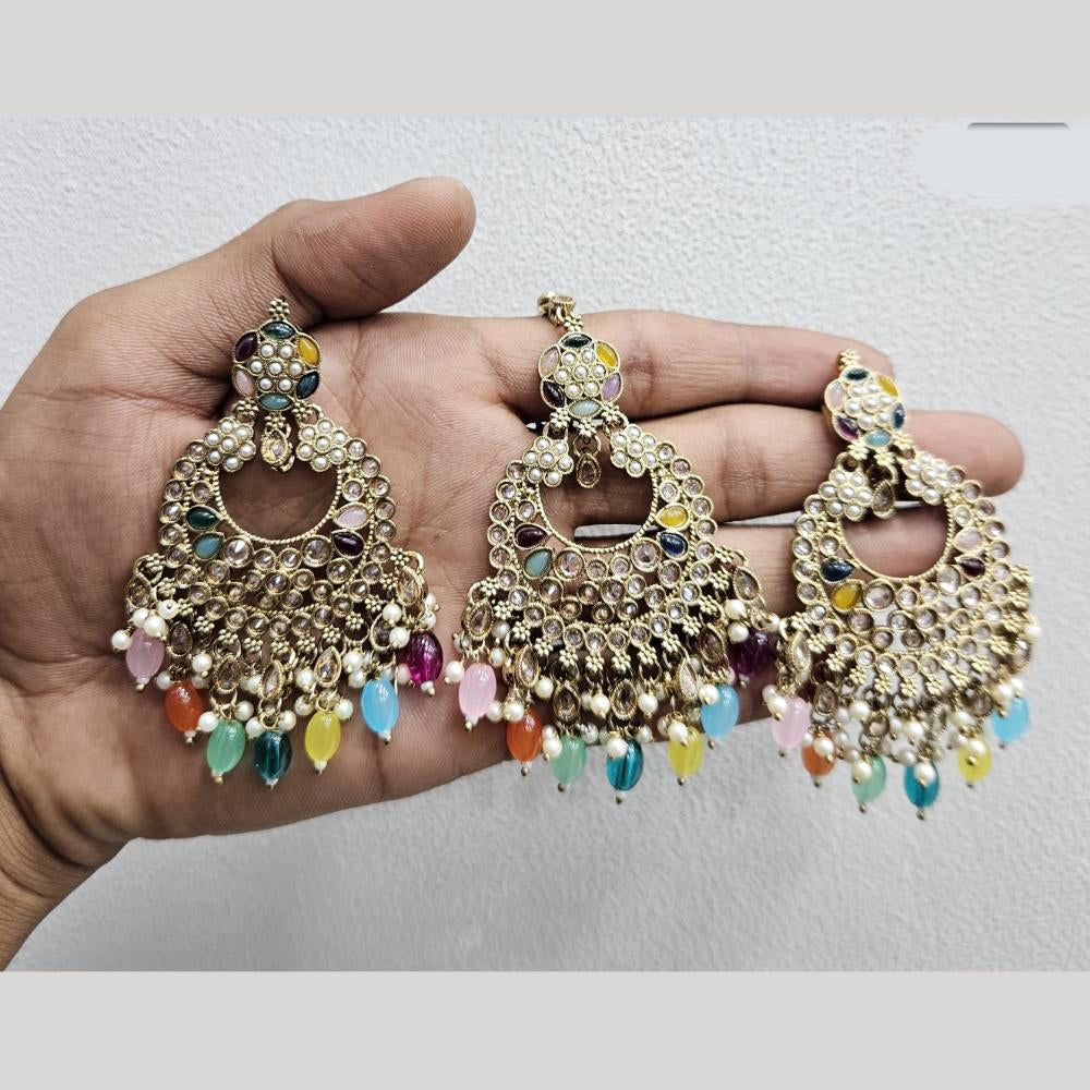 Rajwadi Collection Gold Pated Crystal Stone And Beads Dangler Earrings With Maangtikka