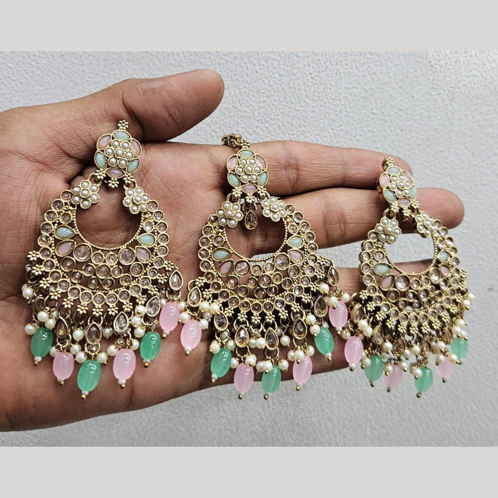 Rajwadi Collection Gold Pated Crystal Stone And Beads Dangler Earrings With Maangtikka