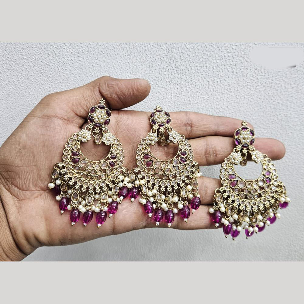 Rajwadi Collection Gold Pated Crystal Stone And Beads Dangler Earrings With Maangtikka