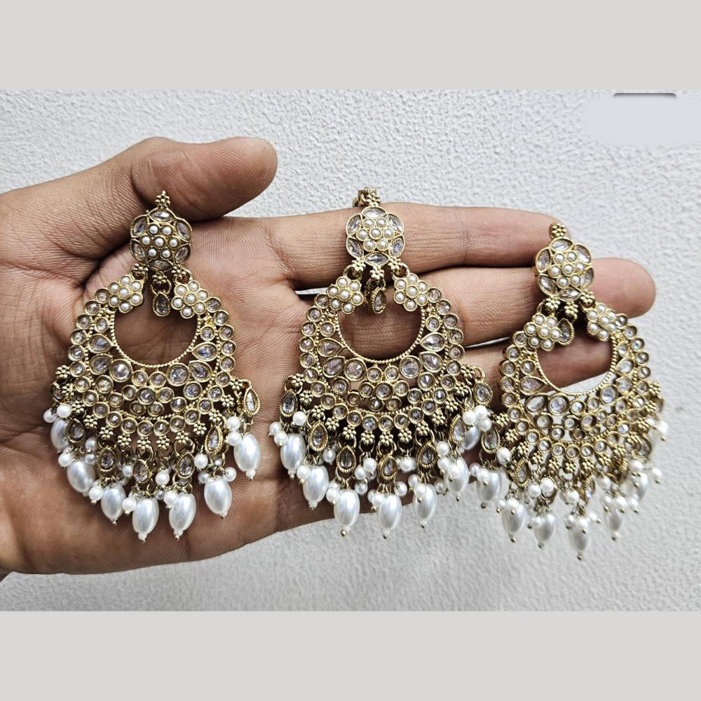 Rajwadi Collection Gold Pated Crystal Stone And Beads Dangler Earrings With Maangtikka