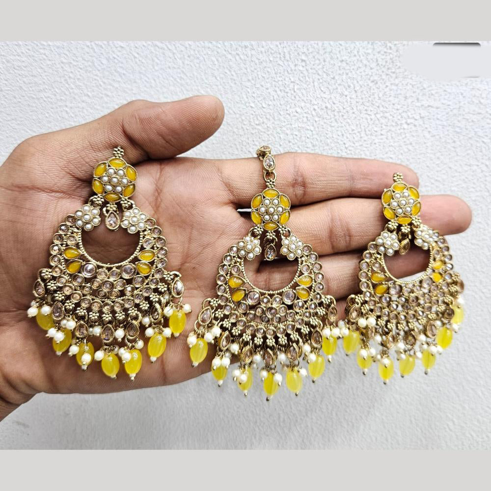 Rajwadi Collection Gold Pated Crystal Stone And Beads Dangler Earrings With Maangtikka