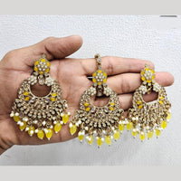 Rajwadi Collection Gold Pated Crystal Stone And Beads Dangler Earrings With Maangtikka