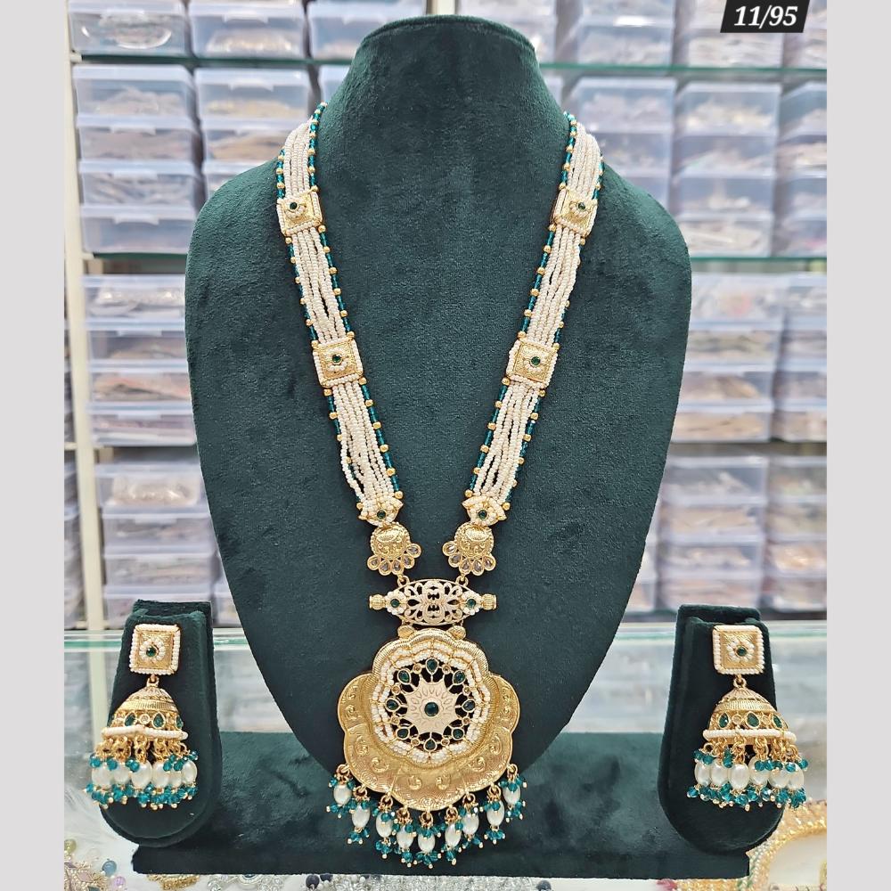 Rajwadi Collection Gold Plated Pota Stone And Pearls Long Necklace Set