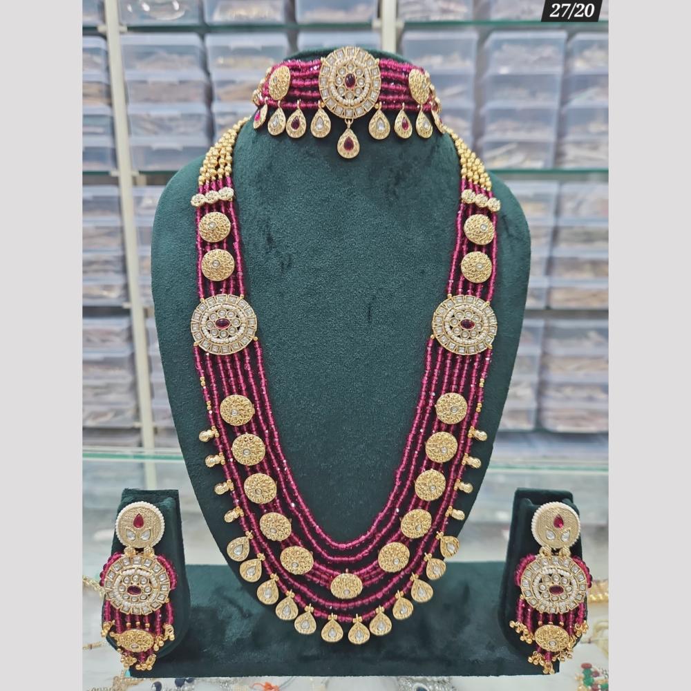 Rajwadi Collection Gold Plated Pota Stone And Pearls Double Necklace Set