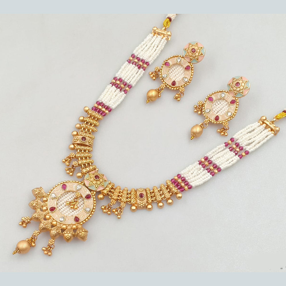 Rajwadi Collection Gold Plated Pota Stone And Pearls Meenakari Necklace Set