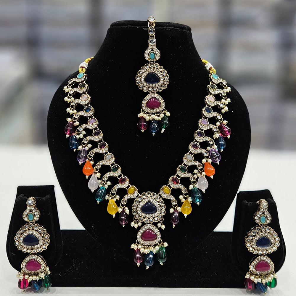 Rajwadi Collection Gold Plated Pota Stone And Crystal Stone Beads Necklace Set