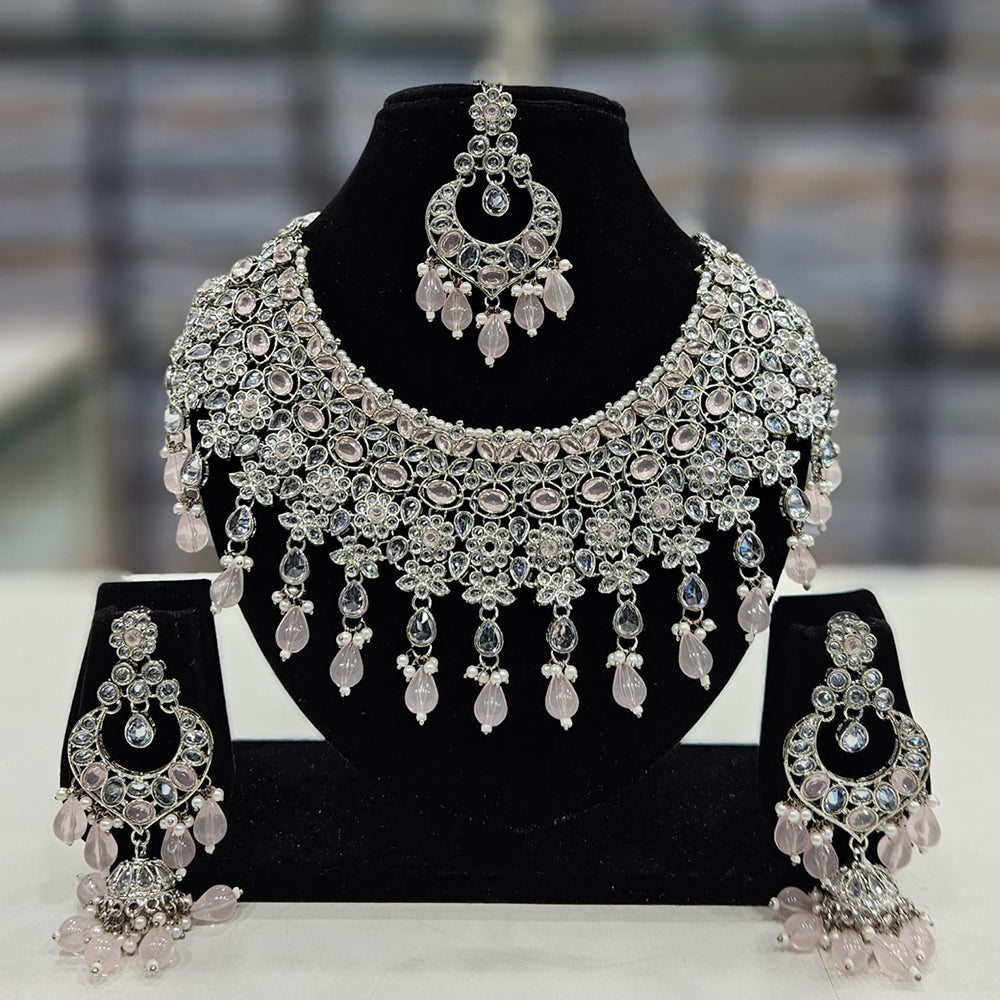 Rajwadi Collection Silver Plated Crystal Stone And Beads Necklace Set