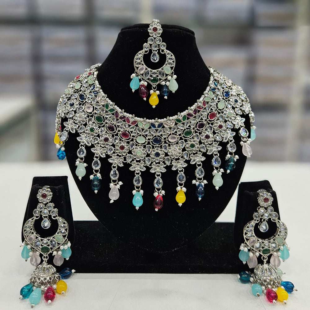 Rajwadi Collection Silver Plated Crystal Stone And Beads Necklace Set
