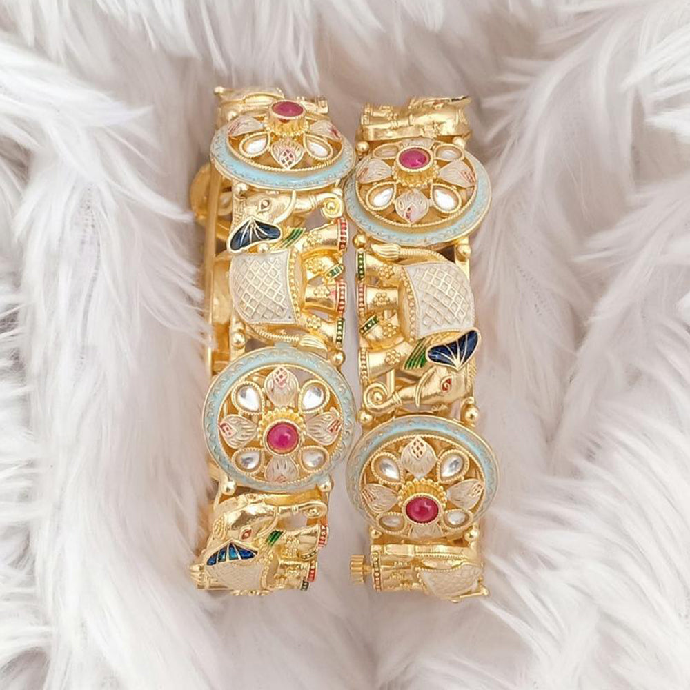 Rajwadi Collection Gold Plated Kundan Stone And Meenakari Openable Bangles Set