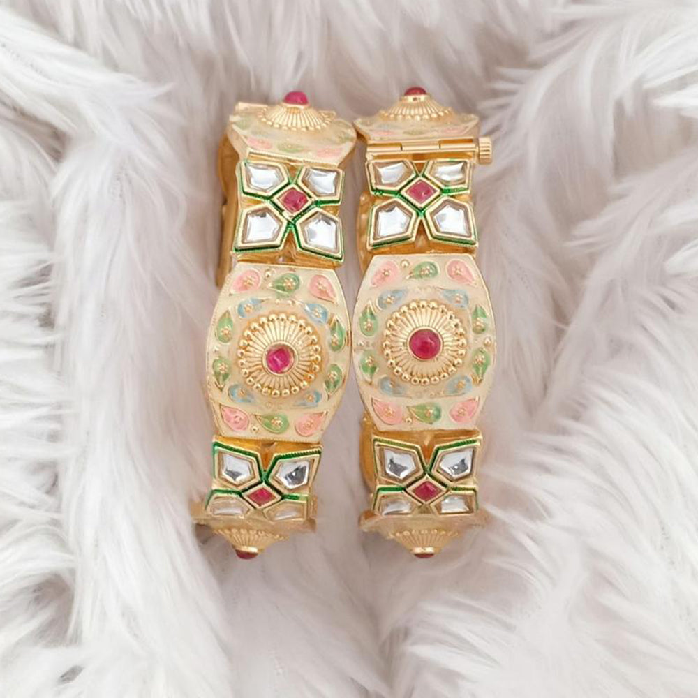 Rajwadi Collection Gold Plated Kundan Stone And Meenakari Openable Bangles Set