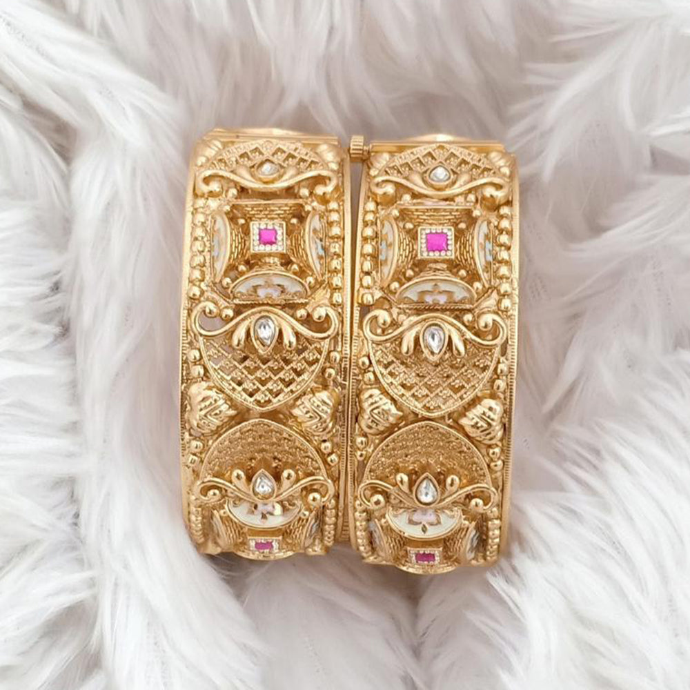 Rajwadi Collection Gold Plated Kundan Stone And Meenakari Openable Bangles Set
