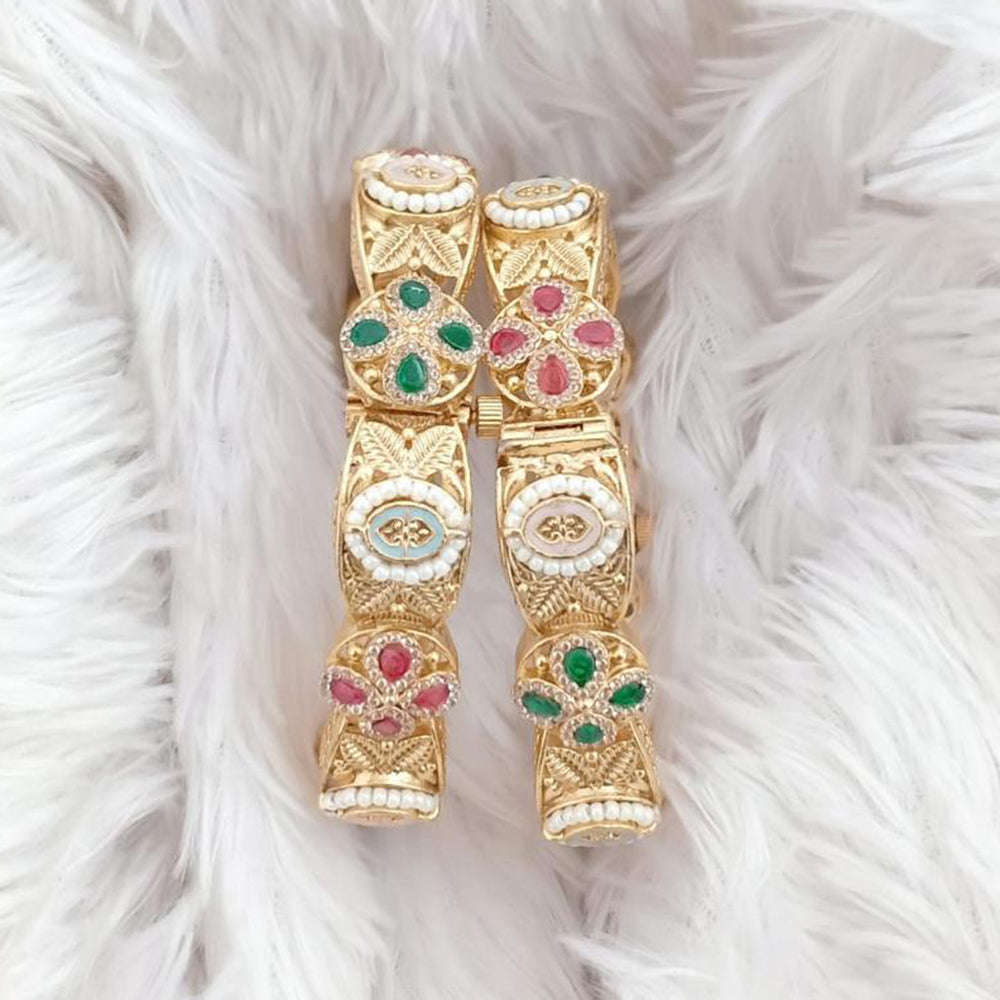 Rajwadi Collection Gold Plated Kundan Stone And Meenakari Openable Bangles Set