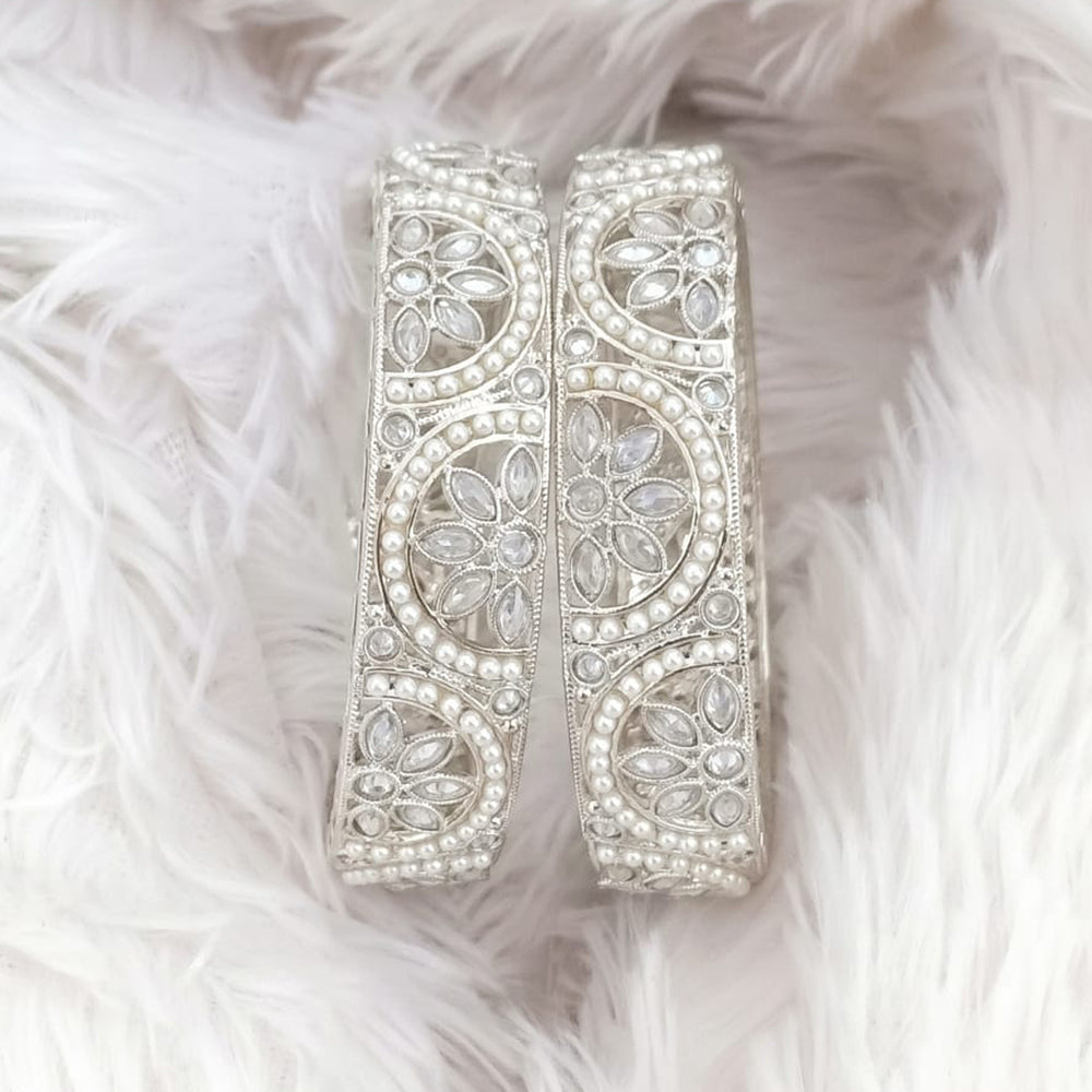Rajwadi Collection Silver Plated Crystal Stone And Pearl Bangles Set