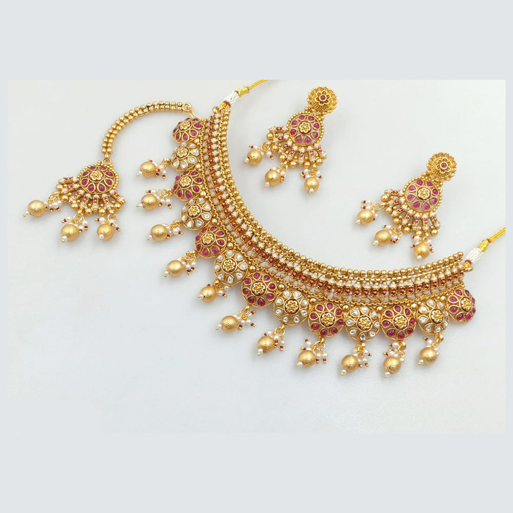 Rajwadi Collection Gold PlatedTraditional Kundan Stone & Pearl Choker Necklace Set