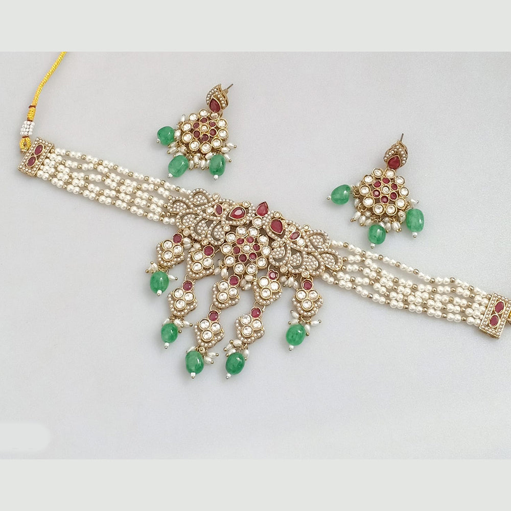 Rajwadi Collection Gold-Plated Embellished with Crystal Stones & Beads Choker Necklace Set