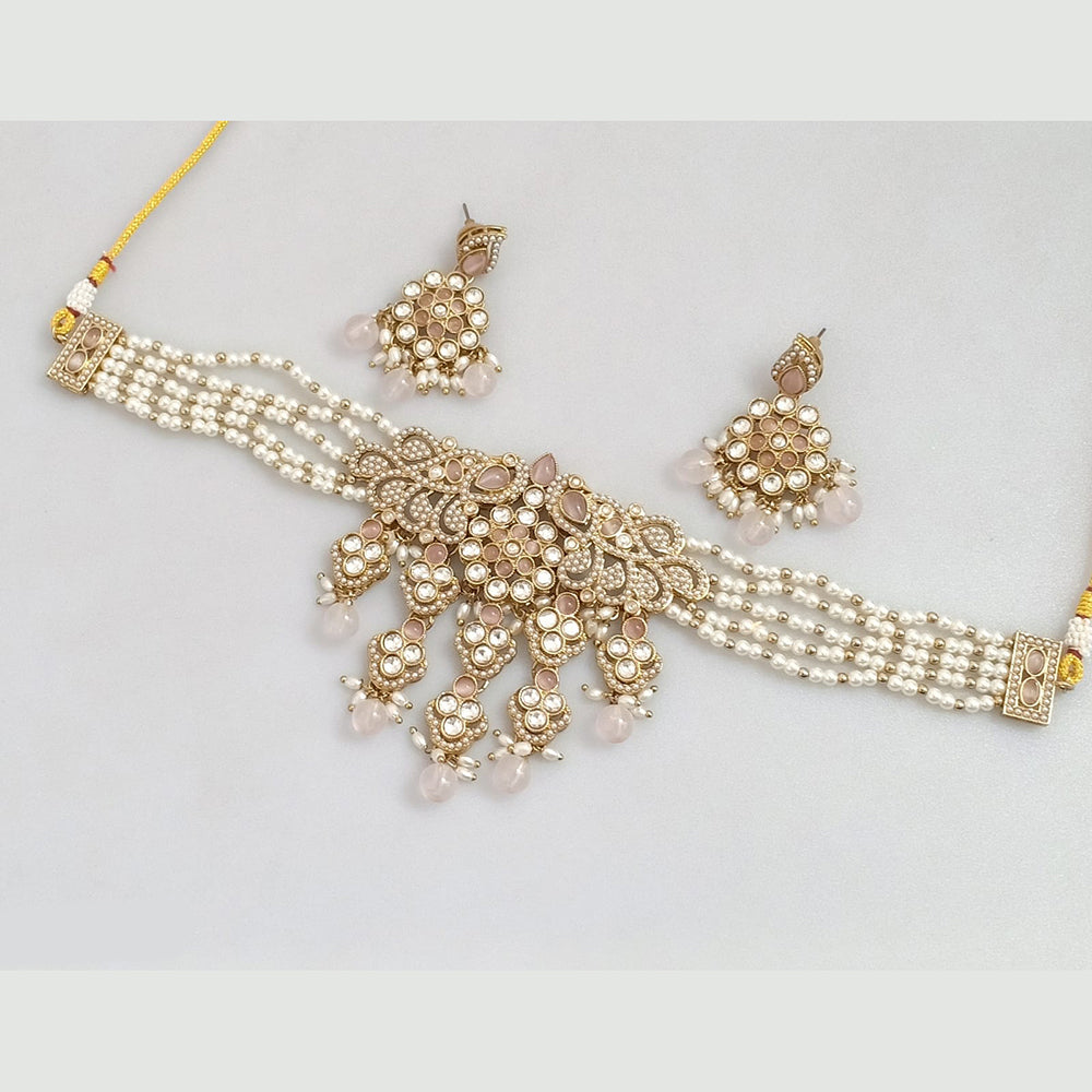 Rajwadi Collection Gold-Plated Embellished with Crystal Stones & Beads Choker Necklace Set
