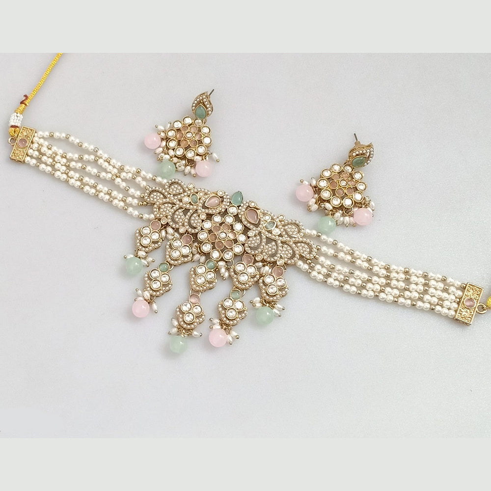 Rajwadi Collection Gold-Plated Embellished with Crystal Stones & Beads Choker Necklace Set