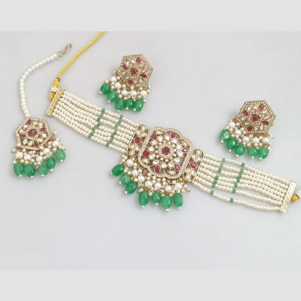 Rajwadi Collection Gold-Plated Embellished with Crystal Stones & Beads Choker Necklace Set
