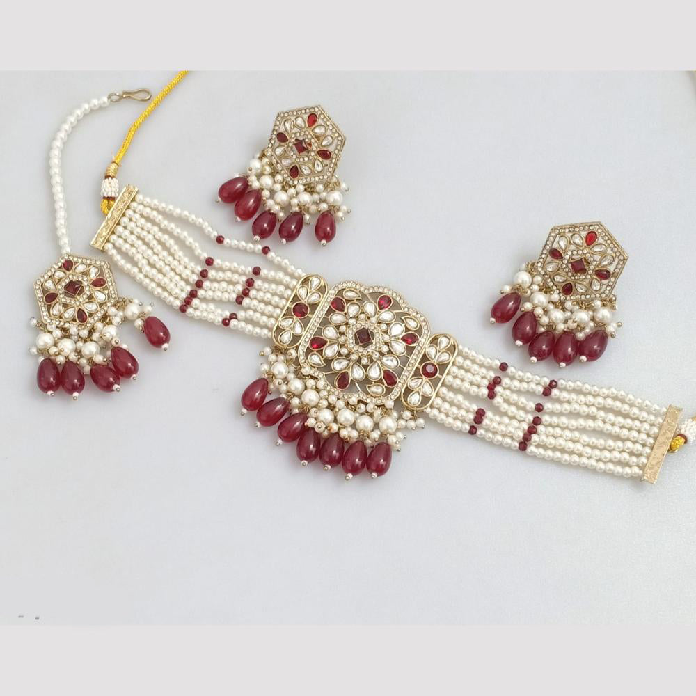 Rajwadi Collection Gold-Plated Embellished with Crystal Stones & Beads Choker Necklace Set