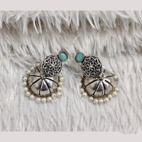 Rajwadi Collection Boho Stylish Oxidised Plated Pota Stone And Pearl Jhumki Earrings