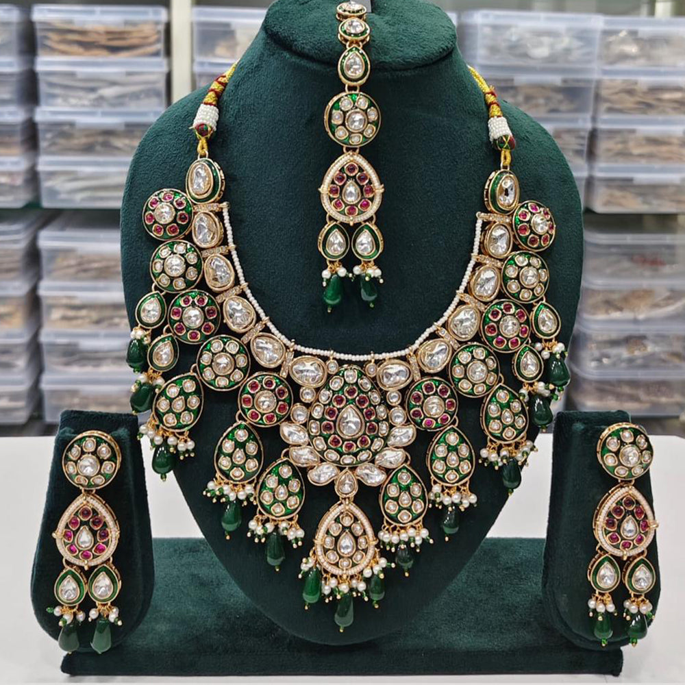 Rajwadi Collection Elegant Kundan And Pota Stone Beads Meenakari Necklace Set