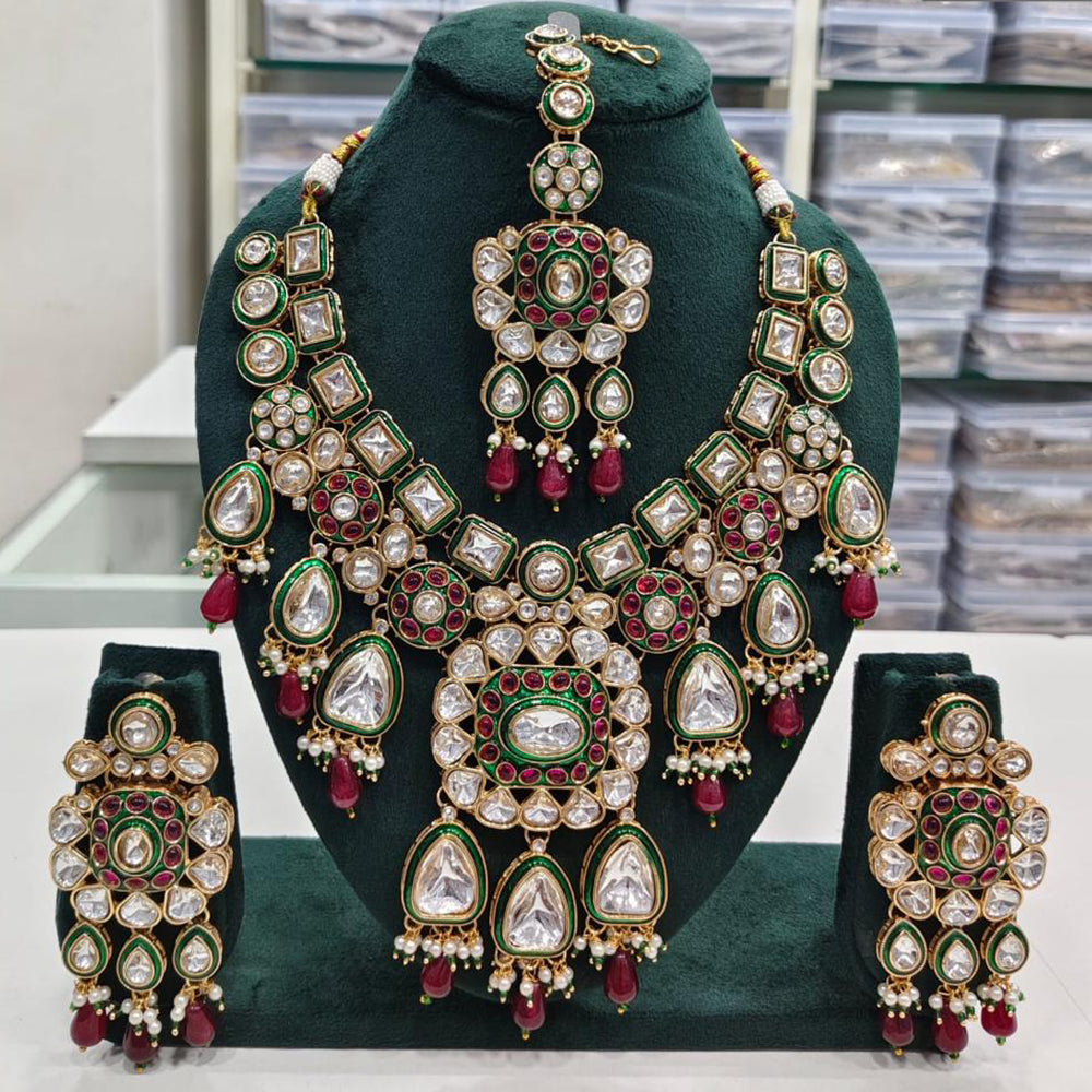 Rajwadi Collection Elegant Kundan And Pota Stone Beads Meenakari Necklace Set