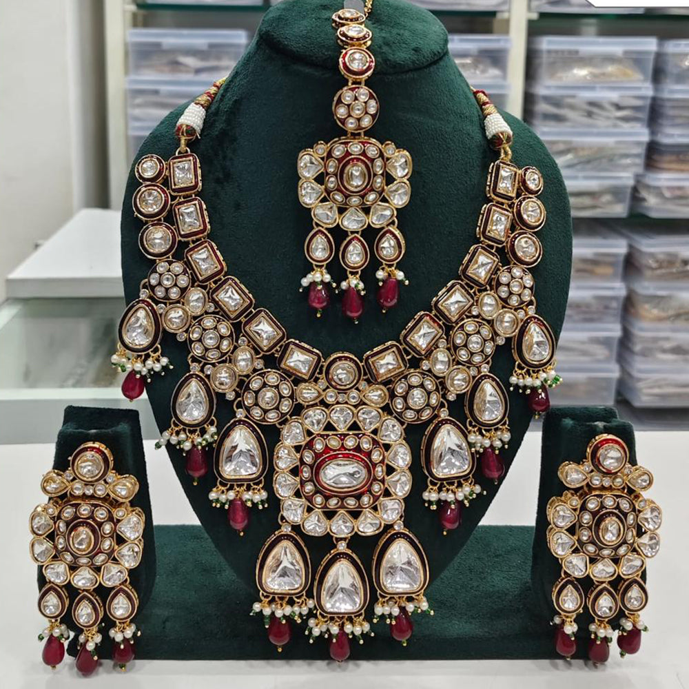 Rajwadi Collection Elegant Kundan And Pota Stone Beads Meenakari Necklace Set