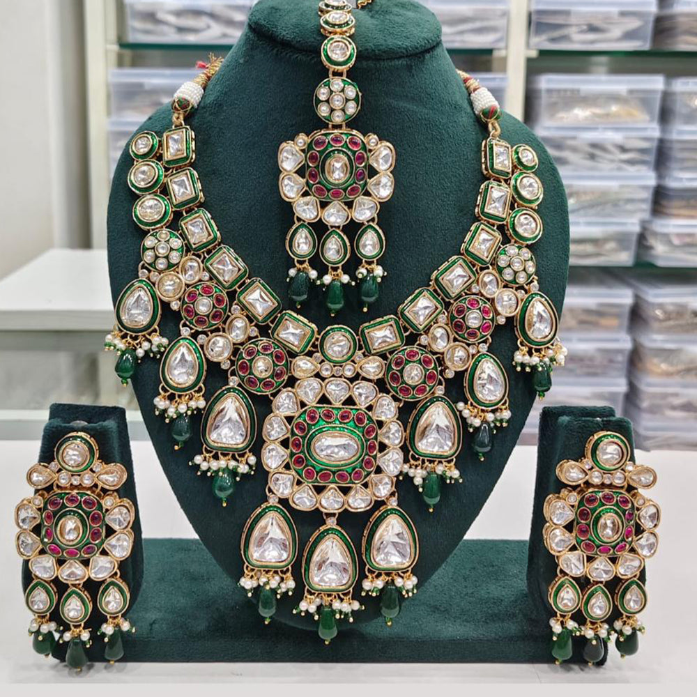 Rajwadi Collection Elegant Kundan And Pota Stone Beads Meenakari Necklace Set