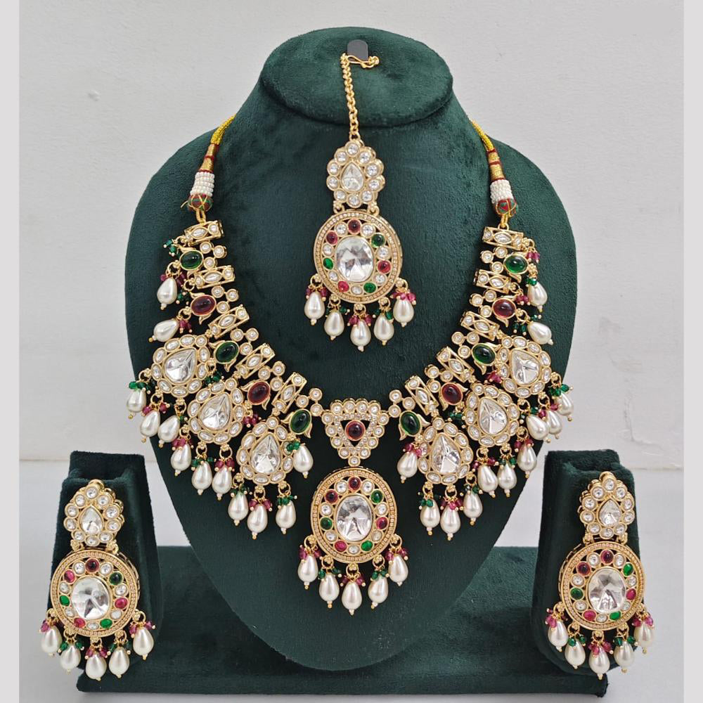 Rajwadi Collection Gold Plated Pota Stone Pearl And Beads Necklace Set