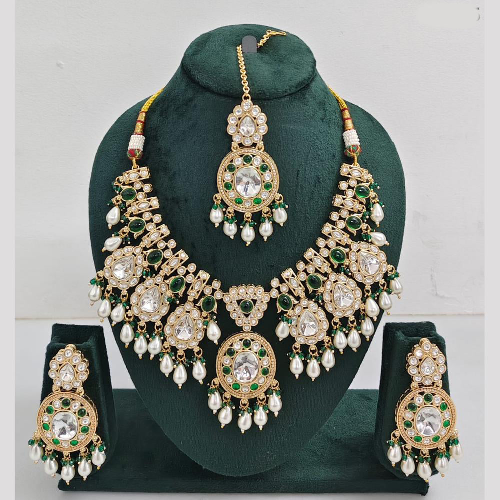 Rajwadi Collection Gold Plated Pota Stone Pearl And Beads Necklace Set