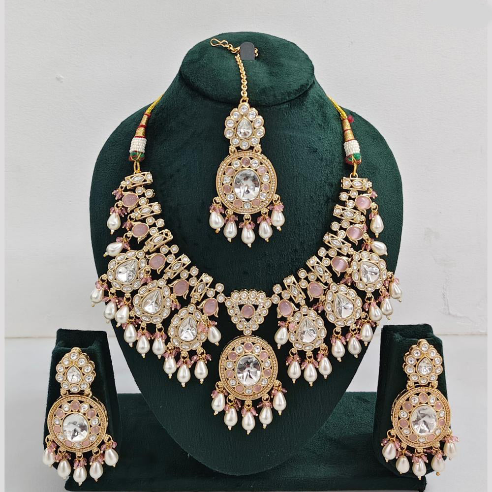 Rajwadi Collection Gold Plated Pota Stone Pearl And Beads Necklace Set