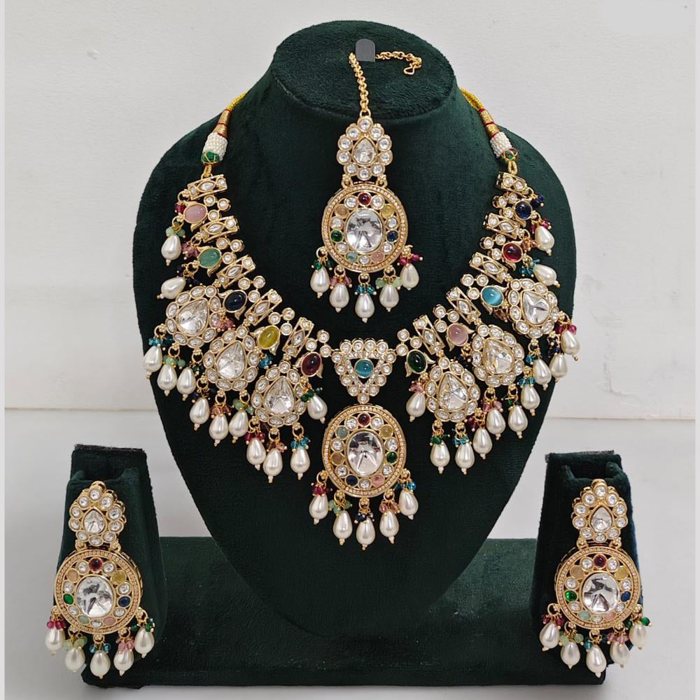 Rajwadi Collection Gold Plated Pota Stone Pearl And Beads Necklace Set