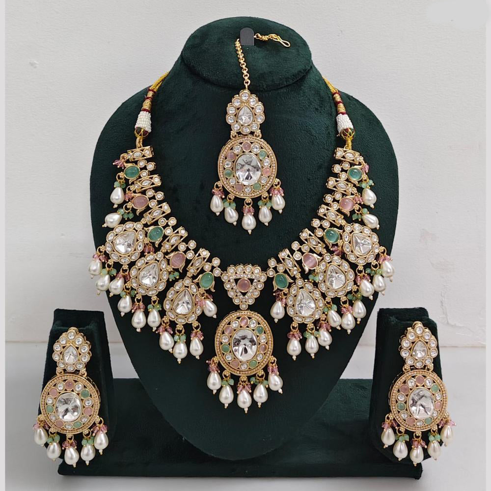 Rajwadi Collection Gold Plated Pota Stone Pearl And Beads Necklace Set
