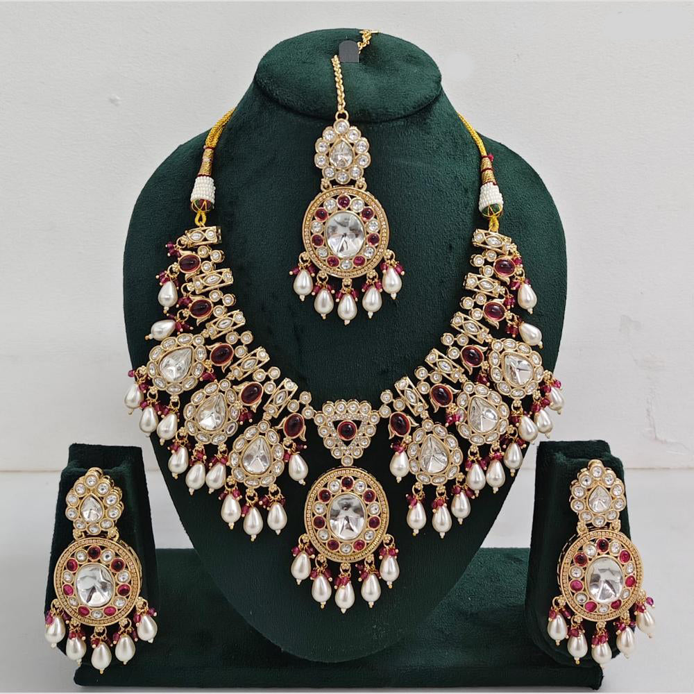 Rajwadi Collection Gold Plated Pota Stone Pearl And Beads Necklace Set