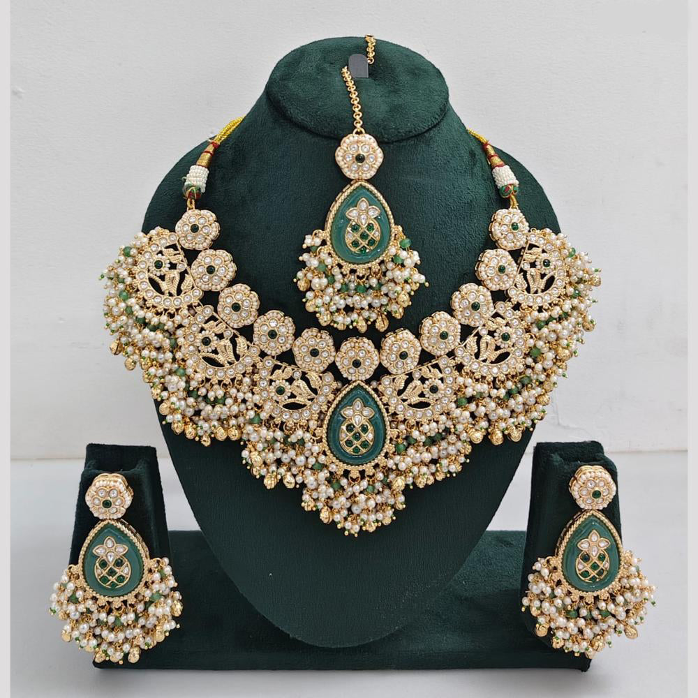 Rajwadi Collection Gold Plated Pota Stone And Pearls Necklace Set