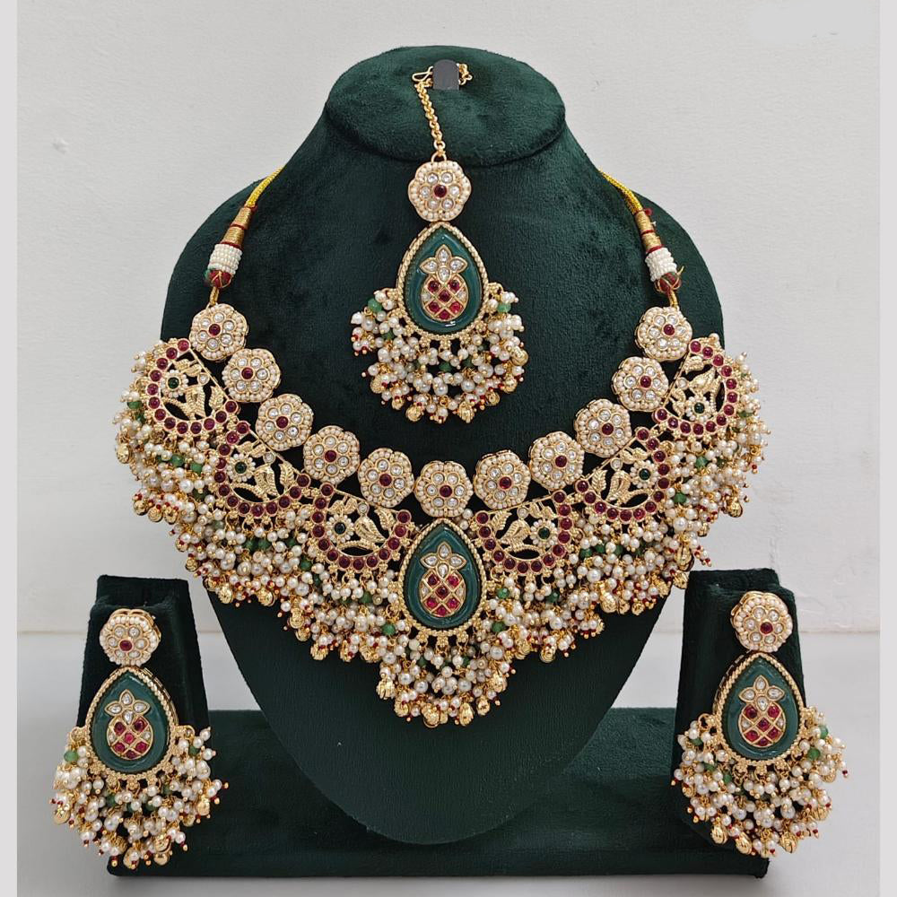 Rajwadi Collection Gold Plated Pota Stone And Pearls Necklace Set