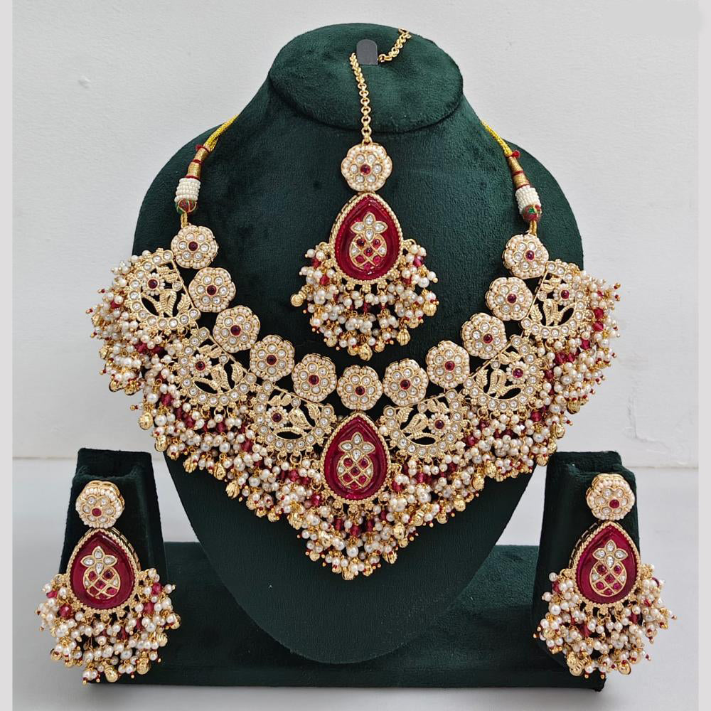 Rajwadi Collection Gold Plated Pota Stone And Pearls Necklace Set