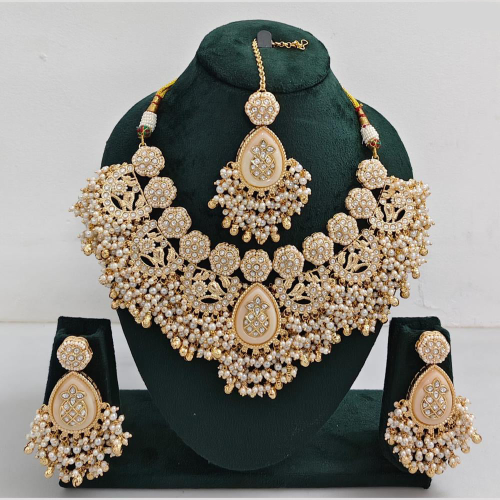 Rajwadi Collection Gold Plated Pota Stone Pearl And Beads Necklace Set