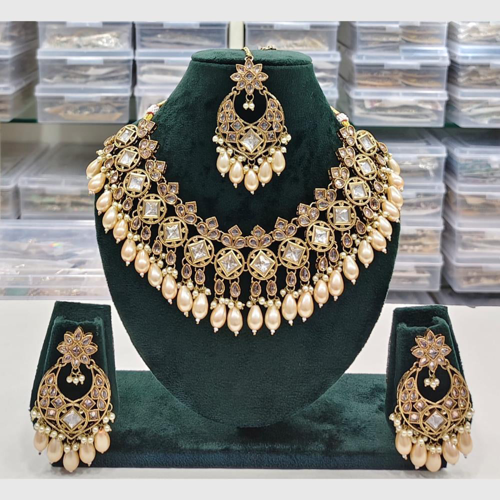 Rajwadi Collection Antique Finish Crystal Stone And Pearl Beads Necklace Set