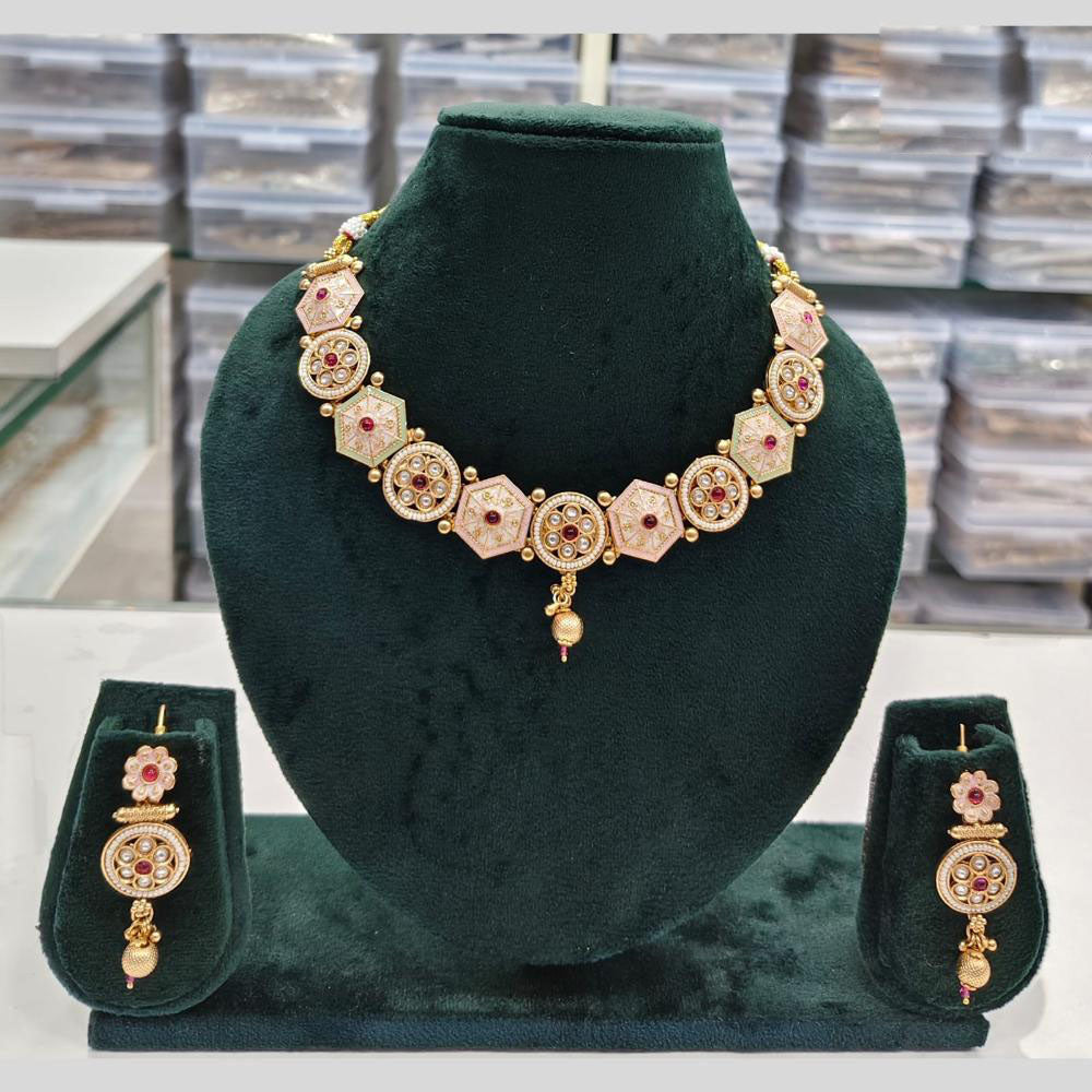 Rajwadi Collection Grand Look Pota Stone And Pearl Meenakari Necklace Set