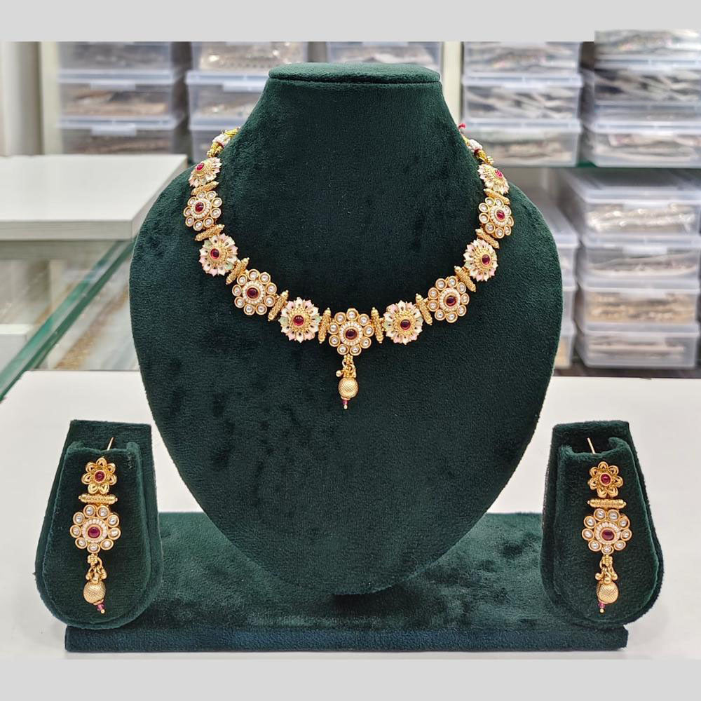 Rajwadi Collection Grand Look Pota Stone And Pearl Meenakari Necklace Set