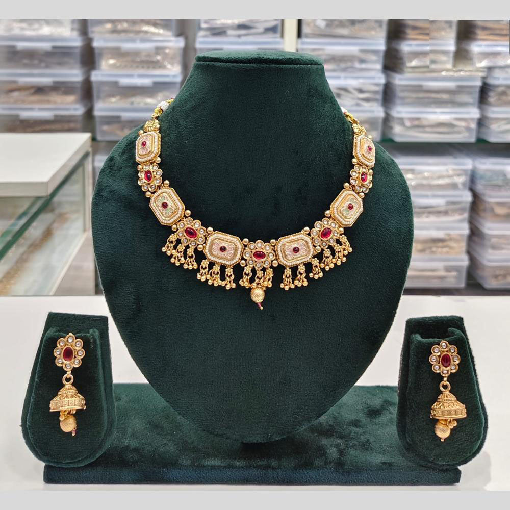 Rajwadi Collection Grand Look Pota Stone And Pearl Meenakari Necklace Set