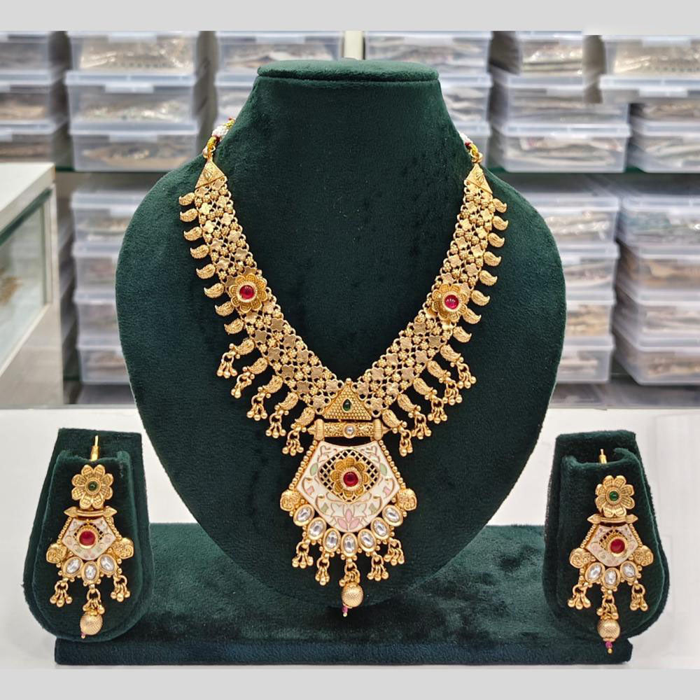 Rajwadi Collection Grand Look Pota Stone And Pearl Meenakari Necklace Set